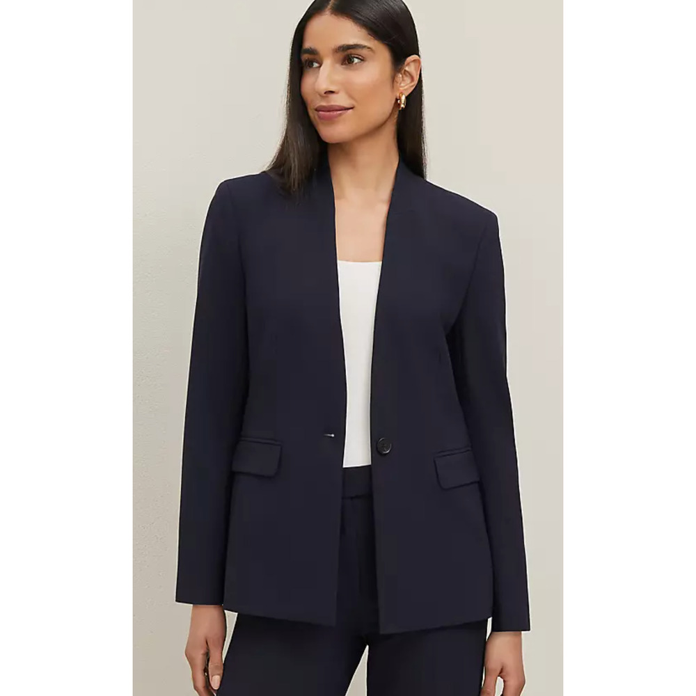 NWT ANN TAYLOR DEEP NAVY SKY COLLARLESS SEASONLESS STRETCH BLAZER JACKET SZ 0